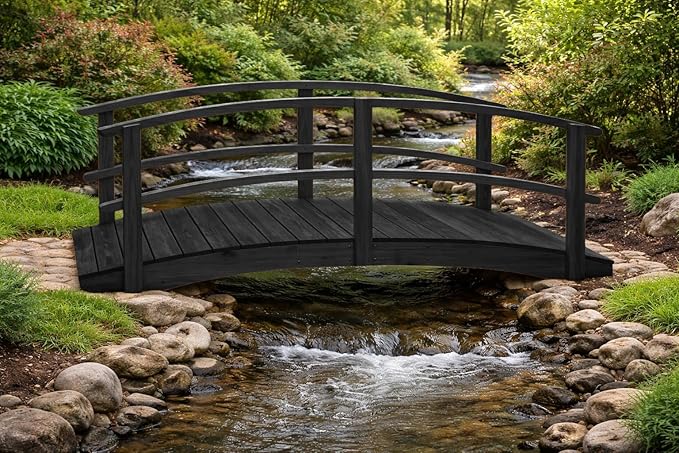 10 FT Black Amish Made Garden Bridge with Double Rails for Walkway, Backyard Pond & Landscaping, Outdoor Wooden Footbridge for Koi Pond, Japanese Style Decorative Bridge, Made in USA
