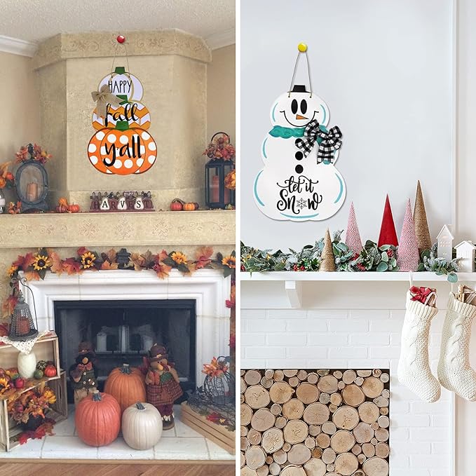 Fall Door Sign Reversible Pumpkin Snowman Wood Door Hanger Happy Fall Y'all Let It Snow Autumn Winter Front Door Porch Wreath Decorations