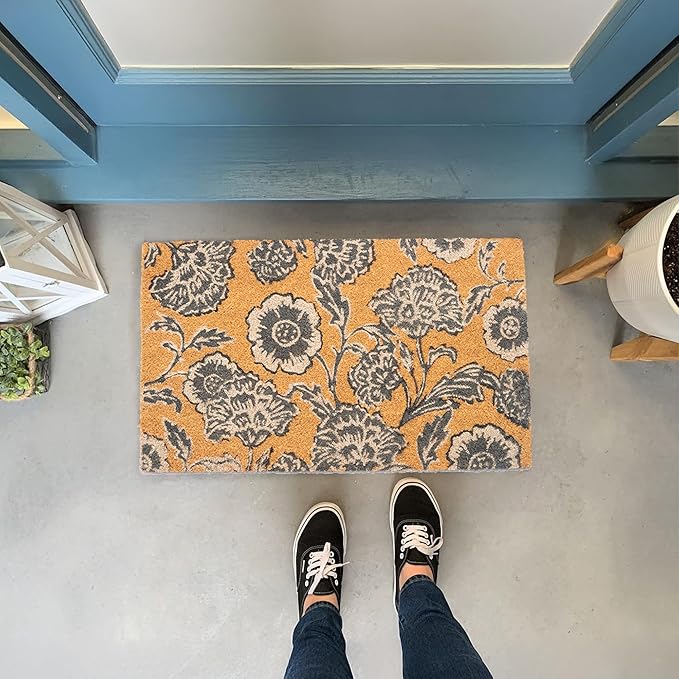 Coir Door Mat, Floral Print Entryway Floor Mats with Non-Slip PVC Backing, Indoor Outdoor Mat for Front Door Decor, Door Mat, Welcome Mats with Chelsea Flower Print, Gray, 30”x 17”