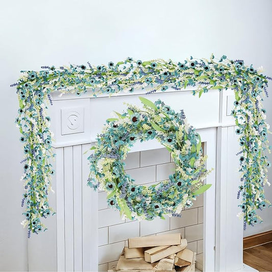 6FT Blue Flower Garland Fake Flowers Vines Faux Artificial Floral Garland Summer Spring Wreath Blueness with Green Leaves Wreaths Blue Daisy Artificial Grains Flower Wreath for Front Door Wreaths