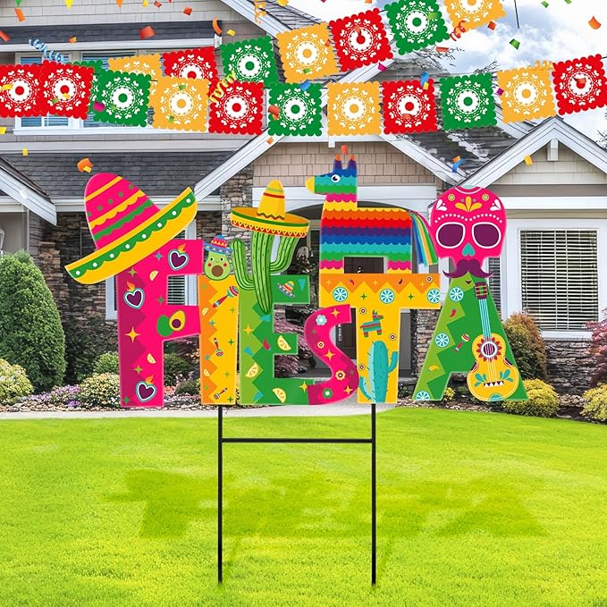 Amyhill 1 Pcs Cinco De Mayo Outdoor Decor Mexican Fiesta Metal Garden Stakes Welcome Yard Signs Decorations Cactus Avocado Guitar Garden Stakes for Fiesta Mexican Theme Party Decor Patio Lawn Walkway