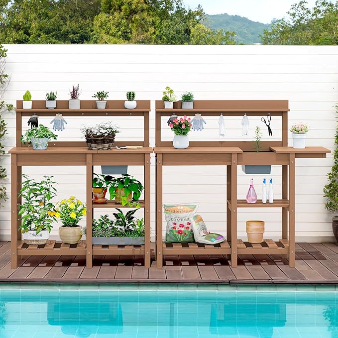SERWALL Outdoor Potting Bench with Removeable Sink,Rot-Resistant HDPE Potting Table for Outside Gardening, All Weather Use - Brown