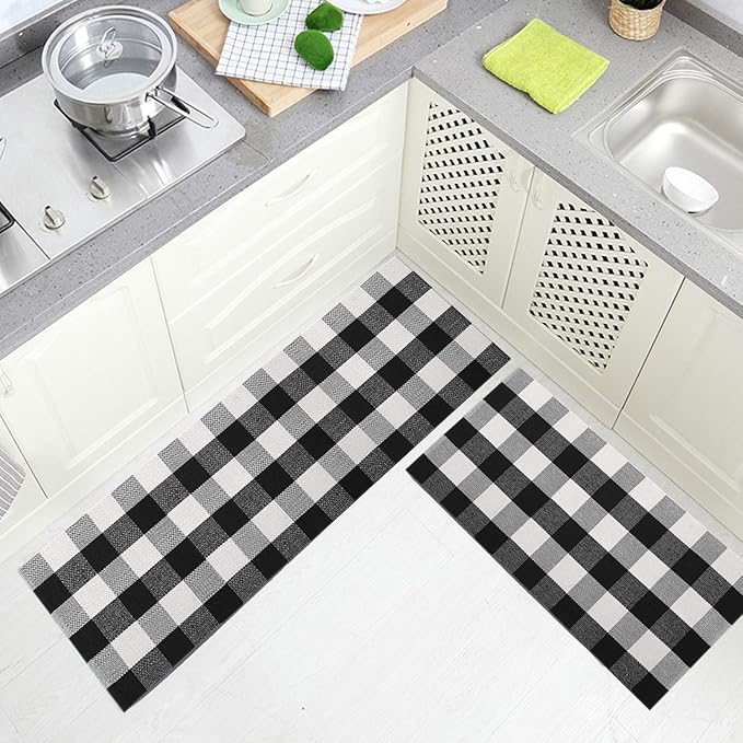MUBIN Buffalo Plaid Rug 2X4 ft Outdoor Black and White Checked Rug Cotton Reversible Hand-Woven Indoor Washable Entryway Front Porch Decor Rugs for Layered Welcome Front Door Mats