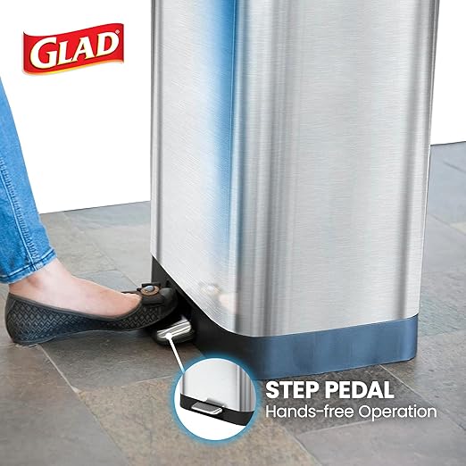 Glad Stainless Steel Step Trash Can with Clorox Odor Protection | Large Metal Kitchen Garbage Bin with Soft Close Lid, Foot Pedal and Waste Bag Roll Holder, 20 Gallon, Stainless