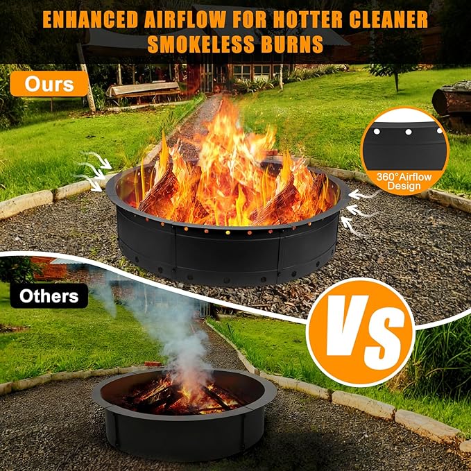 36 Inch Fire Pit Ring, Large Outdoor Campfire Pit for Patio Backyard Garden, Smokeless Steel Firepit with Air Vent for Efficient Burning & Anti-Rust Coating, Black Steel