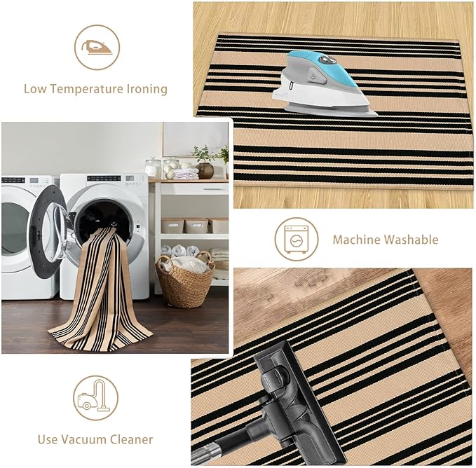 Black and Khaki Striped Outdoor Rug 24"x35", Cotton Hand-Woven Foldable Front Door Mat, Washable Reversible Layered Door Mats for Entryway Porch Decor Home Entrance