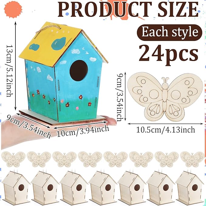 DoubleFill 48 Pack Wooden Bird Houses Bulk, Butterfly Wood Chips for DIY Unfinished Hanging Birdhouse Kits, Wooden Craft Houses to Paint Easter VBS Craft Family Crafts Party Favor