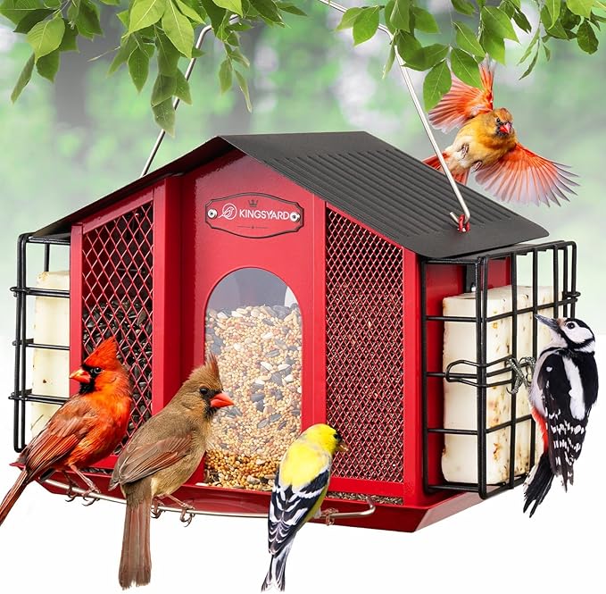 Kingsyard Large Metal Bird Feeders for Outdoors Hanging with Double Suet Cage Weatherproof Roof, 4 in 1 Suet Feeder for Woodpecker, 4 Lbs Capacity Bird Feeder House for Cardinal Finch Chickadee, Red