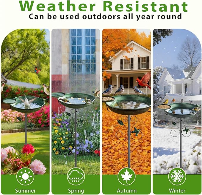 35" Tall Metal Bird Bath for Outdoors with Small Bird Feeder Bowl, 2" Deep 12" Dia Removable Bird Baths for Easy to Clean and Refill, Upgraded 7-Prong Base for Garden, Yard & Lawn (Green)