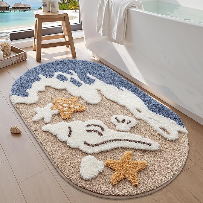 LUMI Beach Bathroom Rugs, Non Slip Bath Mat Ultra Soft Washable Absorbent Quick Dry, Ocean Sea Theme Bath Rug with Starfish Shell for Shower Floor, Kitchen Decor, Kids Room, 24"x44"
