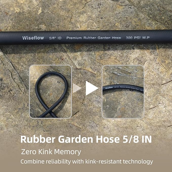 WiseFlow Garden Hose 100FT x 5/8", Heavy Duty Rubber Hose, Water Hose with Five Layered Braiding, Male Female Fittings, 1000PSI Burst, 300PSI Working (Black)