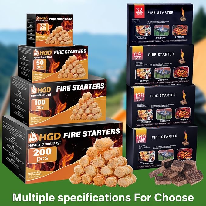 HGD Fire Starter(32pcs), Natural Charcoal Starters, Firestarters for Indoor Fireplace, BBQ, Campfire, Wood Stove, Chimney, Fire Pit, Grill, Smoker, Indoor Outdoor Use, Weather-Resistant,
