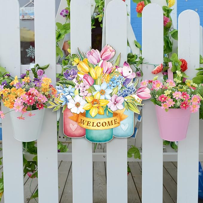 Juexica Spring Door Decor Flower Welcome Sign Spring Wall Hanger for Front Door Decorations Rustic Flower Wall Pediments for Party Outdoor Indoor Decor