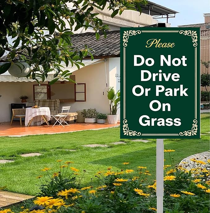 Do Not Drive Or Park On Grass Yard Signs With Stake Rustproof Reflective Aluminum No Parking Decoractive Garden Stakes for Lawn Outdoor Decorations 8x12 In