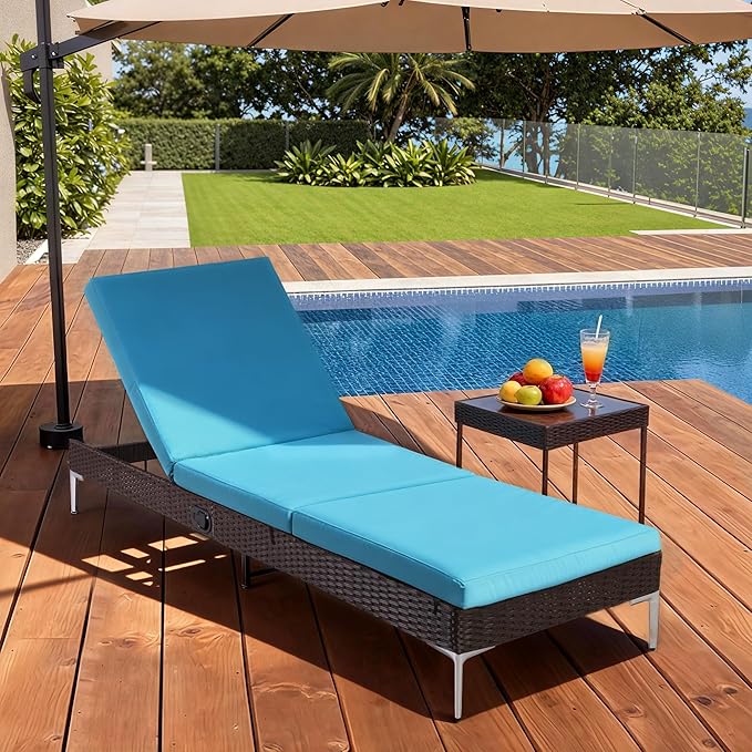 HOMREST Outdoor Chaise with Pneumatic Adjustable Backrest, Rattan Pool Sunbathing Chair - Turquoise