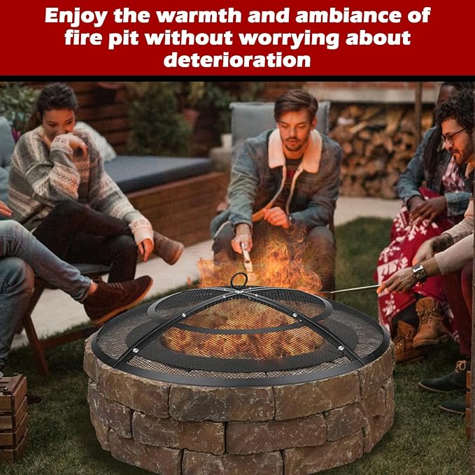 Fire Pit Spark Screen,27 Inch Fire Pit Screen Cover Outdoor with Handle&Poker,Heavy-Duty Steel Firepit Screens Cover Round Mesh Replacement for Backyard/Beach/RV Camping