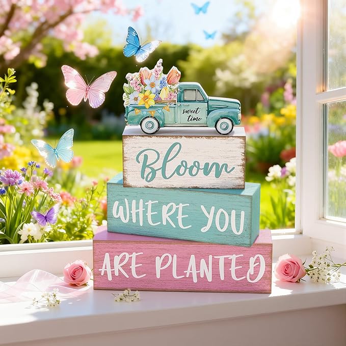 4 Pcs Spring Table Decorations Wooden Truck Floral Block Sign Rustic Flower Tabletop Centerpiece Farmhouse Distressed Easter Spring Decor for Home Office Desk Tiered Tray Decor
