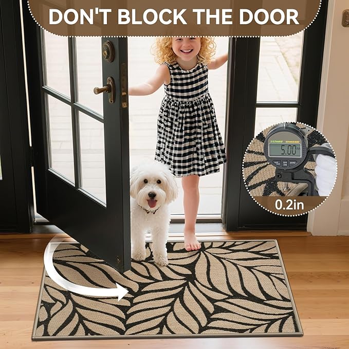Door Mat Indoor Outside Entrance 17''x30'', Low-Profile Non Slip Outdoor Inside Front Doormat Entryway Mat, Dirt Resistant Absorbent Porch Welcome Entry Mats, Washable Easy Clean, Brown