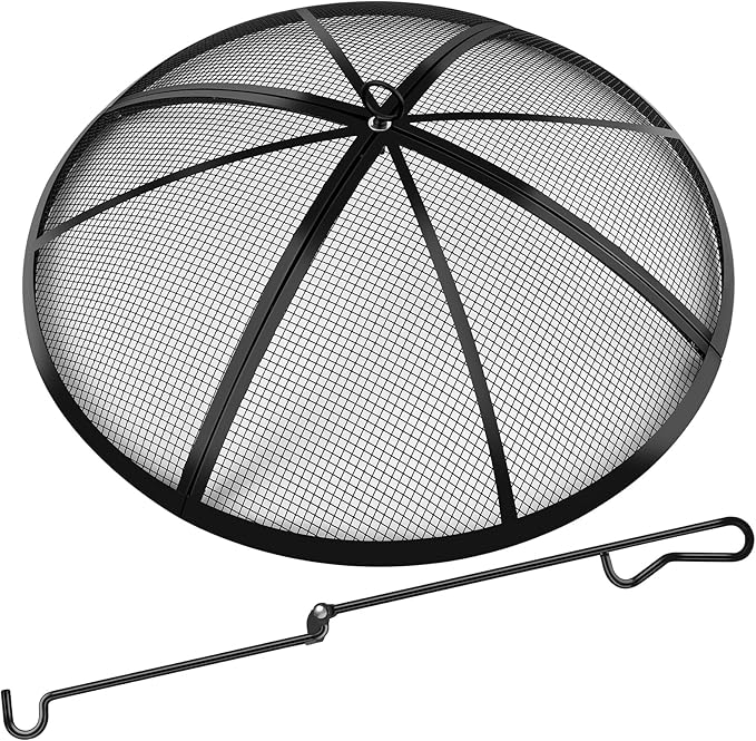 Fire Pit Spark Screen, Fire Pit Screen 24 Inch Round with Handle & Poker, Collapsible Heavy Duty Mesh Fire Pit Cover Fire Pit Lid for Outdoor/Patio/Backyard/RV Camping/Beach