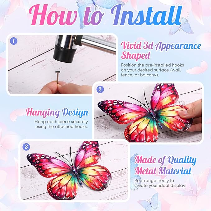 8 Pcs 3D Metal Butterfly Wall Decor 5. 12 x 6. 69 Inches Colorful Butterfly Hanging Wall Art for Garden Yard Living Room Bedroom Patio Balcony Outdoor Fence Decoration(Elegant Style)