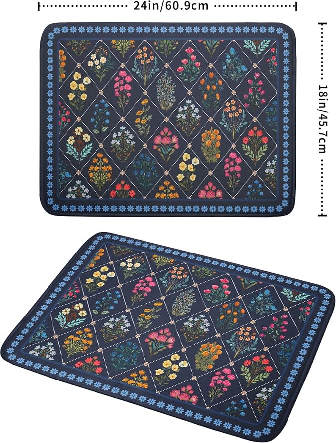 Lapis Blue Dish Drying Mat for Kitchen Counter Flowers Microfiber Absorbent Dish Draining Reusable Washable Large