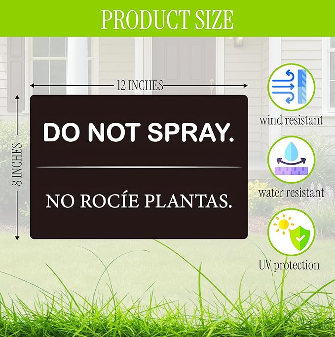 Set of 3 Do Not Spray Yard Black Sign with Metal Stake 12x8 Inches - No Podar Las Plantas Signs for Outdoor or Indoor - Double Sided Bilingual Plant Sign or Plastic Garden Signs