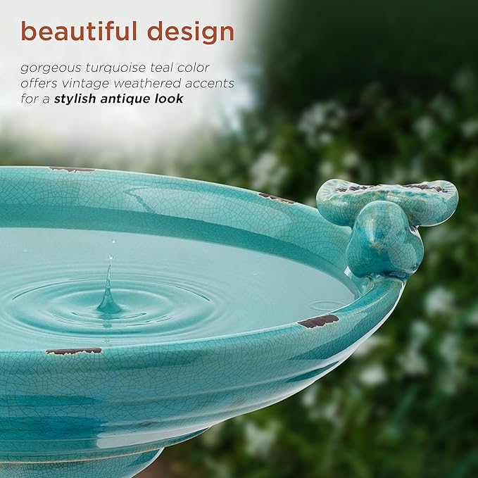Alpine Corporation 25" Tall Outdoor Ceramic Antique Pedestal Birdbath with 2 Bird Figurines, Turquoise