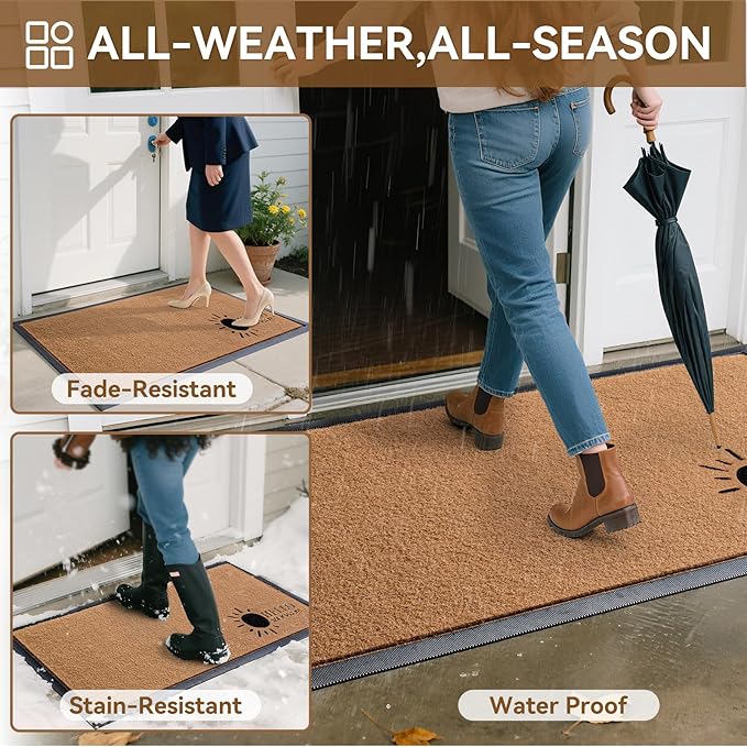 Dirt Trapping Outdoor Welcome Mats, 31x47 Durable Non-Slip Door Mat Outside Entrance, Low Profile Easy Clean Doormat for Patio Porch Front Indoor Entryway, Brown