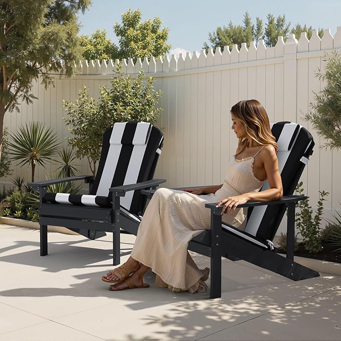Crestlive 50x20 Inch Adirondack Chair Cushion with Headrest, Water Repellent, Fade Resistant, High Back Outdoor Rocking Chair Cushion for Patio, Black White Stripe
