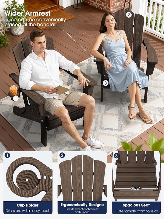 KINGYES Folding Adirondack Chair Set of 8, HDPE All-Weather Patio Chairs with Cup Holder, Wooden Textured Fire Pit Chairs for Poolside, Backyard, Deck, Coffee
