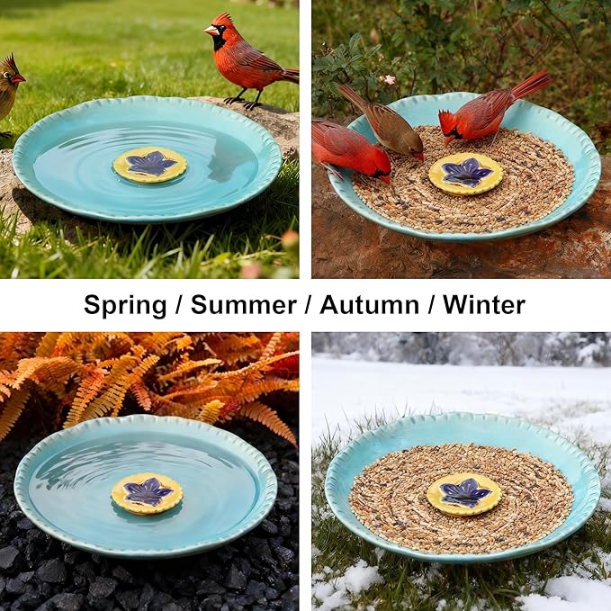 Topadorn 12.25in Ceramic Bird Bath for Outdoors, Large Bird Bath Bowl for Garden Lawn Balcony Patio Yard Tabletop Ground Decor, Blue with Yellow Flower