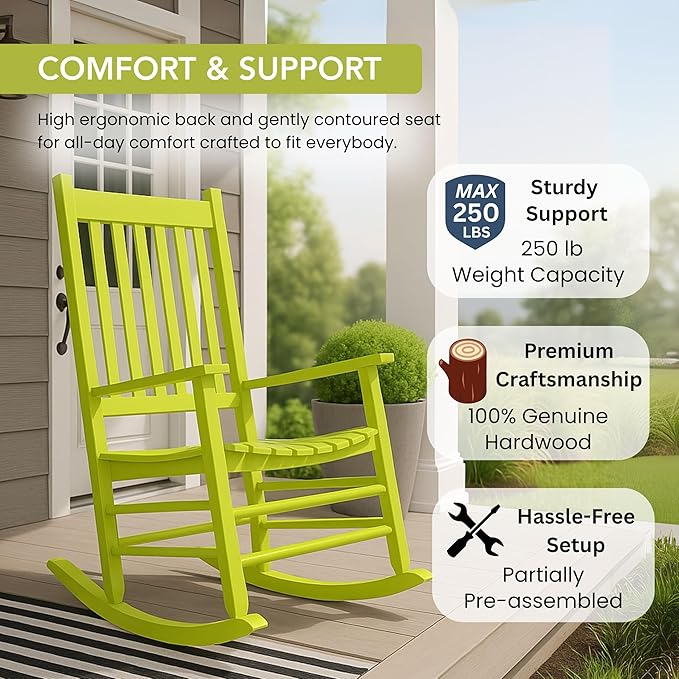 Shine Company Vermont Porch Rocker, High Back Wood Rocking Chair, Lime