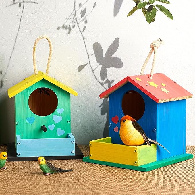 Liliful 2 Pack Wooden Birdhouse Kit DIY Bird House with Paint and Paintbrushes Art and Crafts Painting Kits for Boys Girls Adults Build Paint Classroom Birthday Indoor Outdoor Craft