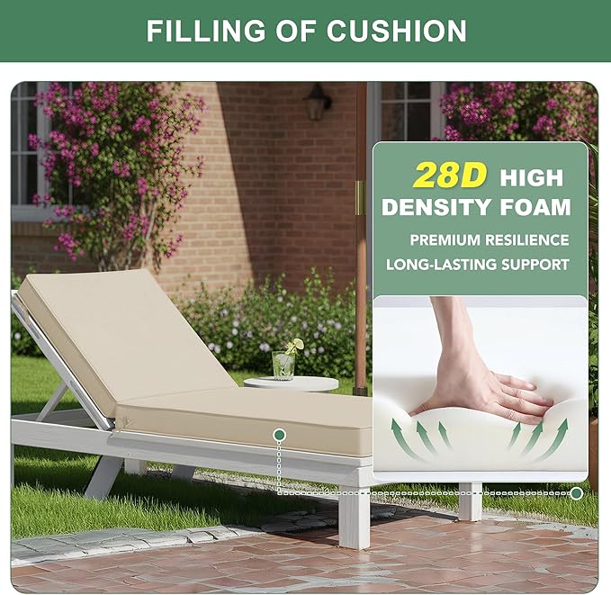 Chaise Lounge Cushions Outdoor - Waterproof and Fade Resistant Sun Lounger Replacement Cushions - Patio Lounger Pads with Removable Cover for Pool, Deck, Lawn, 72 x 21 x 3 Inch, Cream