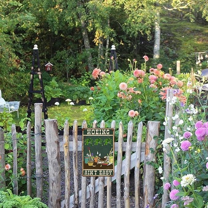 Funny Garden Signs for Outside Hoeing Ain't Easy Metal Tin Sign Personalized Decor Gift for Women Outdoor Yard & Shed Gardening Signs Garden Stuff for Outside 8x12 Inch