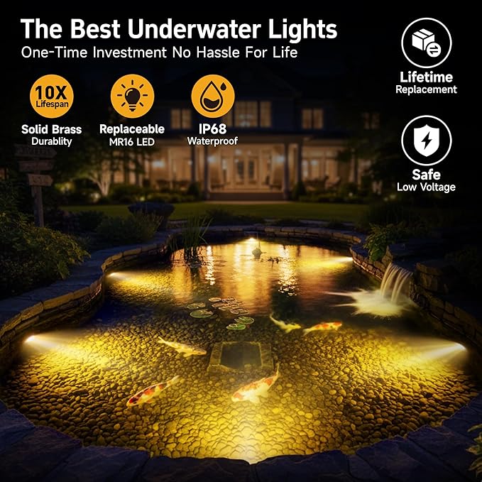 Gardenreet Solid Brass Underwater Pond Light - 12V Low Voltage IP68 Submersible Bronze Fixture, with 4000K MR16 LED for Outdoor Pond Fountain Waterfall Landscape Lighting(12 Pack)