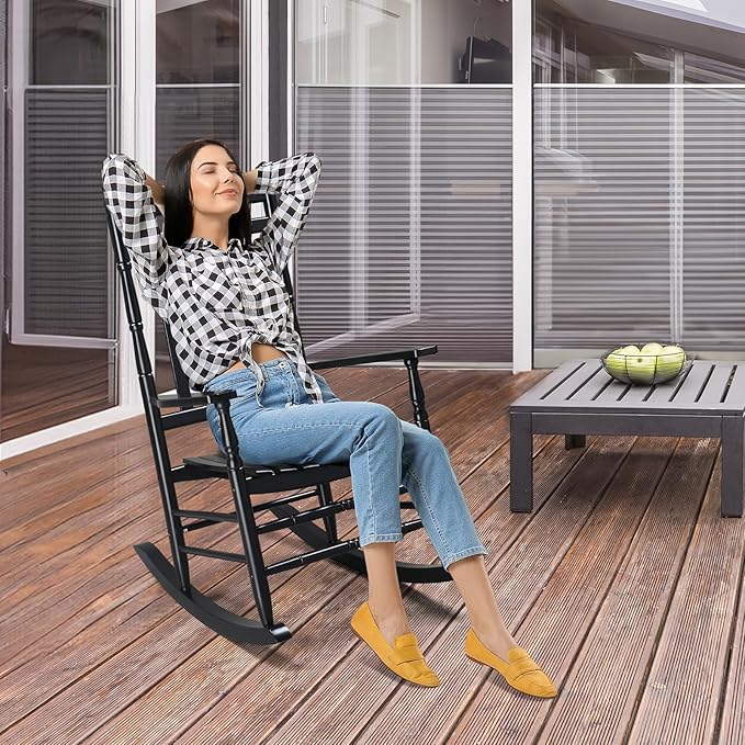 VINGLI Wooden Rocking Chair Outdoor Set of 2, Patio Rockers with High Back, Support 450 LBS Rocking Chairs, for Porch, Patio, Balcony, Garden, Yard (Black, 2 PCS)