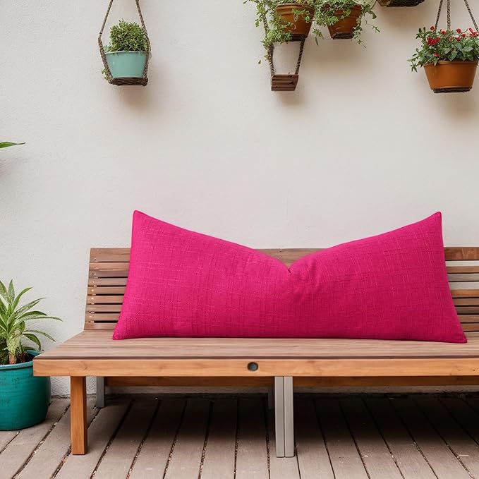 Kevin Textile Outdoor Waterproof Long Lumbar Pillow Cover 14x36 Inch Pack of 1 Checkered Decorative Rectangle Cushion Throw Pillowcases Shell for Patio Tent Garden Couch Bed Sofa Hot Pink