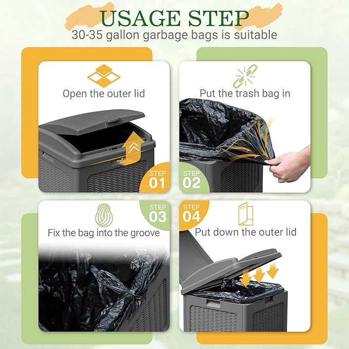 Greesum 33 Gallon Outdoor Trash Can with Lid, Waterproof Resin Garbage Bin for Hideaway, Deck, Patio, Gray