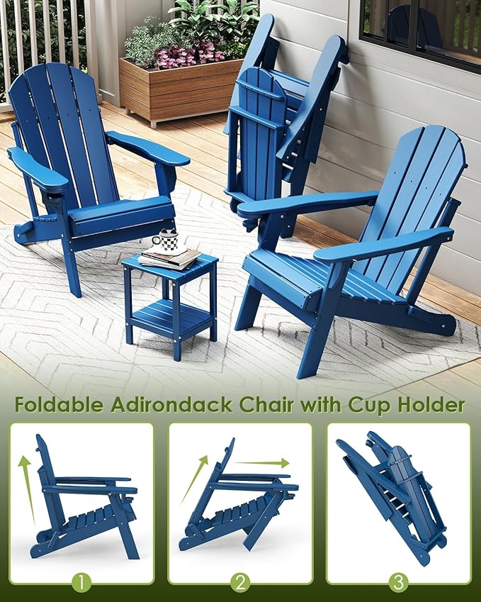 GREENVINES Folding-Adirondack-Chair | HDPE Plastic | Fire Pit Chairs | All Weather | Cup Holder | Blue | for Deck Backyard Patio Outdoor Garden