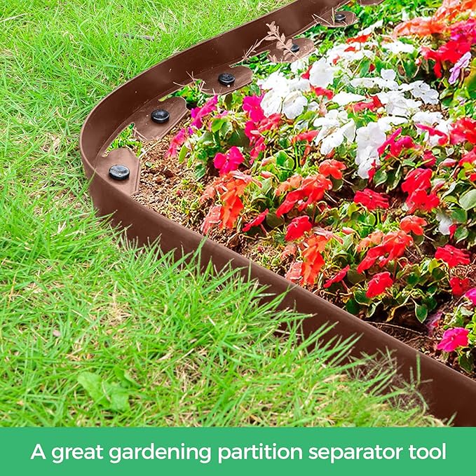 2-Inch x 50 FT Landscape Edging Border with 75 Spikes, Garden Edging Lawn Border Kit, Plastic Edging Border Flexible for Garden Flower Beds Lawn Yard Pathway (Brown)