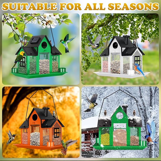 Solar Bird Feeders House for Outside Hanging, Metal Wild Bird Feeder for Outdoors Large Capacity Cardinal Birdfeeder Birdhouses Metal Bird Feeding Station Green