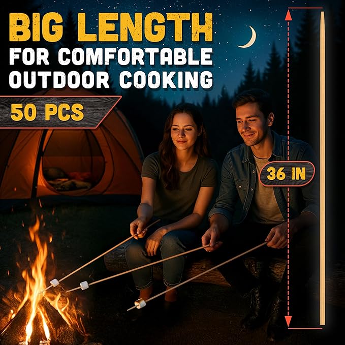 50 Pcs Smore Sticks for Fire Pit Extra Long - Thick 36 Inch Long Smores Sticks for Fire Pit, Suitable for Crafts & Flower Bouquets - 5mm Thick Bamboo Skewers for Smores, Meat, Kabobs, Hot Dogs, Fruits