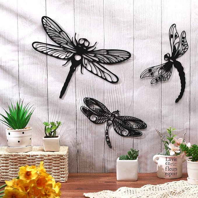 Moxweyeni 3 Pack Metal Dragonfly Wall Decor Outdoor Garden Fence Art 7.9/8.6/11.4 Inch Outside Wall Hanging Decorations for Living Room, Bedroom, Yard, Patio, Porch Dragonfly Gift
