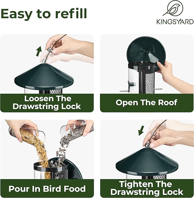 Kingsyard Metal Bird Feeder for Outdoor Hanging - Chew Proof Wild Bird Finch Cardinal Feeder with Dual Chamber of 4 lbs Capacity for Bluebird, Green