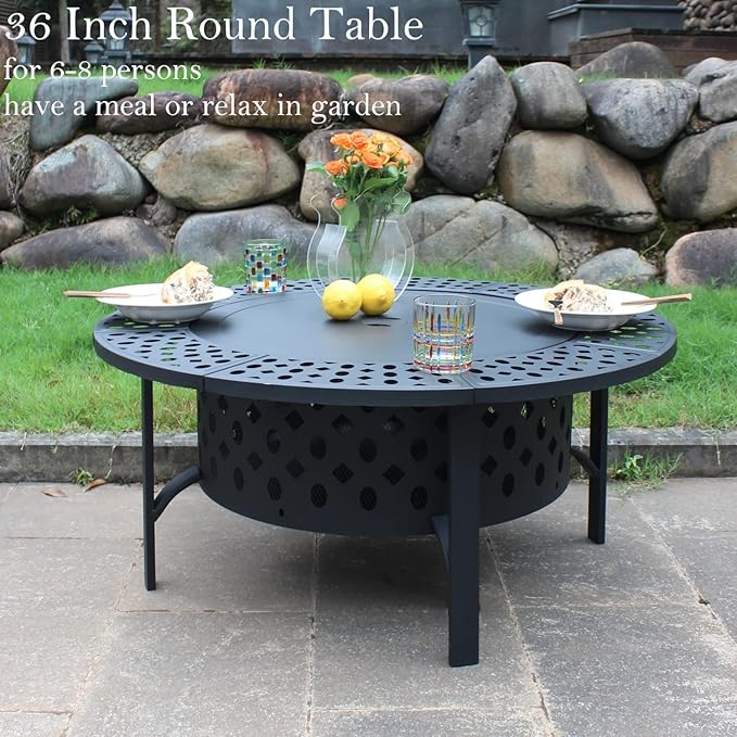 36 Inch Fire Pit with 2 Grills, Wood Burning Fire Pits for Outside with Lid, Poker and Round Waterproof Cover, BBQ& Outdoor Firepit & Round Metal Table 3 in 1 for Patio, Picnic, Party
