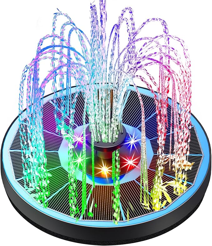Yzert Solar Fountain Glass Panel with 2200 mah Battery, 3.5W Floating Solar Water Fountain with 4 Fixed Rods, Solar Pump for Bird Bath, Garden, Pond, Pool, Outdoor (Blue Panel Colorfu Lights)