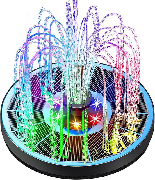 Yzert Solar Fountain Glass Panel with 2200 mah Battery, 3.5W Floating Solar Water Fountain with 4 Fixed Rods, Solar Pump for Bird Bath, Garden, Pond, Pool, Outdoor (Blue Panel Colorfu Lights)