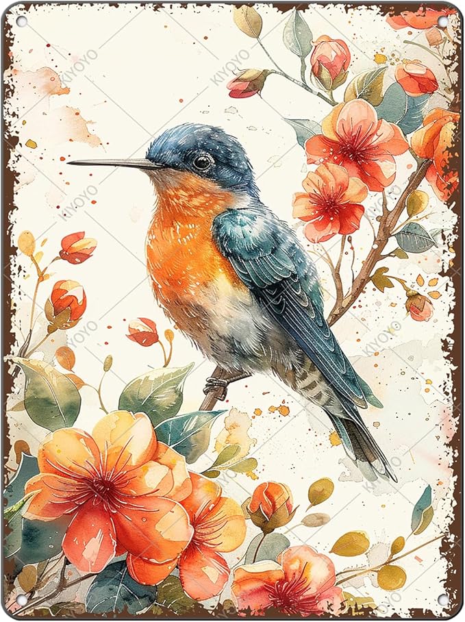 Vintage Tin Sign Hummingbird Watercolor Colorful Bird Metal Sign Hummingbird Art Decor for Home Garden Kitchen Office 16x12 Inch