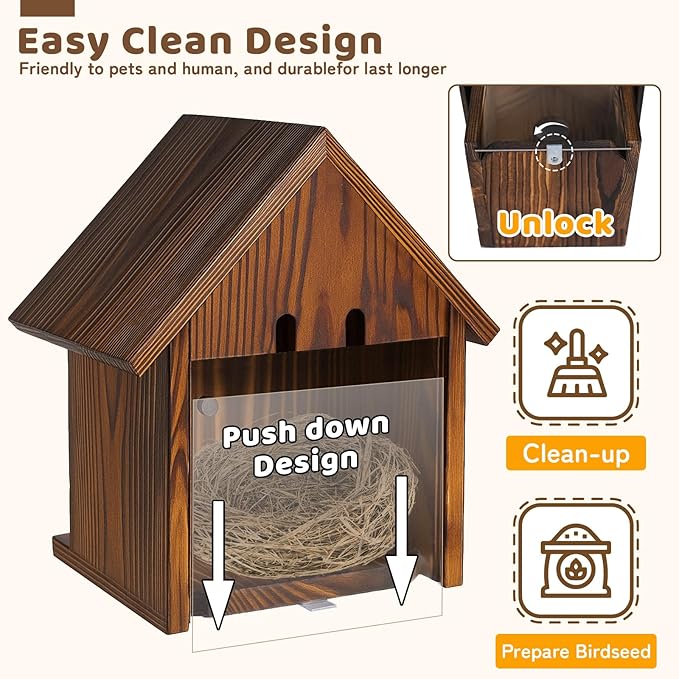 Window Bird Houses for Outside with Stainless Steel Guard, Birdhouse Cover Panel and Adhesive Hooks, Clear for Viewing Inside, Hanging Wooden Birdhouses for Outdoors, for Bluebird Finch Chickadee